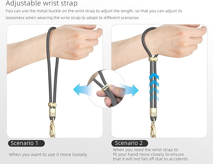 Cell Phone Lanyard Adjustable Crossbody Phone Lanyard *1 Phone Wrist Strap *1 with Deluxe Gold Matal Buckle + Clear Tether Tabs *2 for Shopping Travelling Hiking(BLACKGRAY)