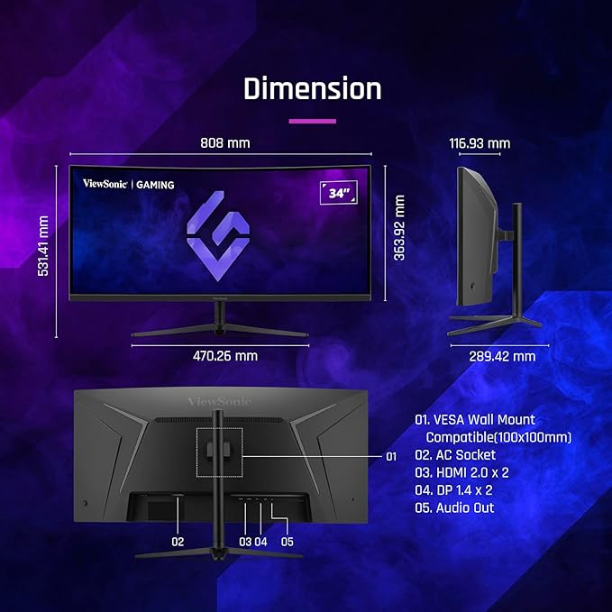 ViewSonic VX3418C-2K 34 Inch UltraWide QHD 1440p Curved Gaming Monitor with 180Hz, 1ms, 21:9, Advanced Ergonomics, FreeSync Premium, HDR10, HDMI, and DisplayPort Inputs