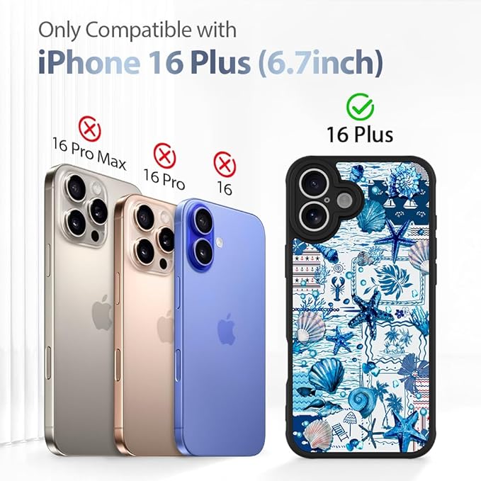AIGOMARA Magnetic Case for iPhone 16 Plus [Compatible with MagSafe] Blue Shell Starfish Ocean Holiday Collage for Women Girls Men Soft TPU Bumper Hack PC Back Heavy Duty Protective Slim Cover