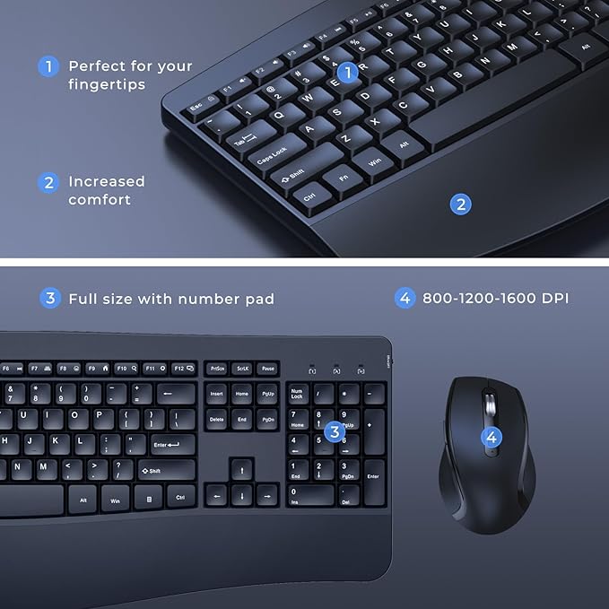 Ergonomic Keyboard and Mouse Combo - Full Size Keyboard Cordless with Palm Wrist Rest Ergonomic Mouse Wireless for Windows Computers Laptops - Black (Upgrade)