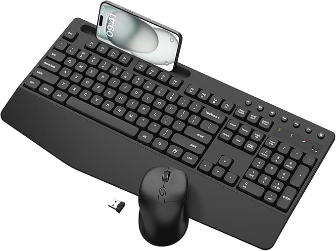EDJO Wireless Keyboard and Mouse Combo, Full-Size Ergonomic Wireless Computer Keyboard with Wrist Rest, Phone Holder, Sleep Mode, Comfortable Natural Typing Set for Windows, Laptop, Mac, PC