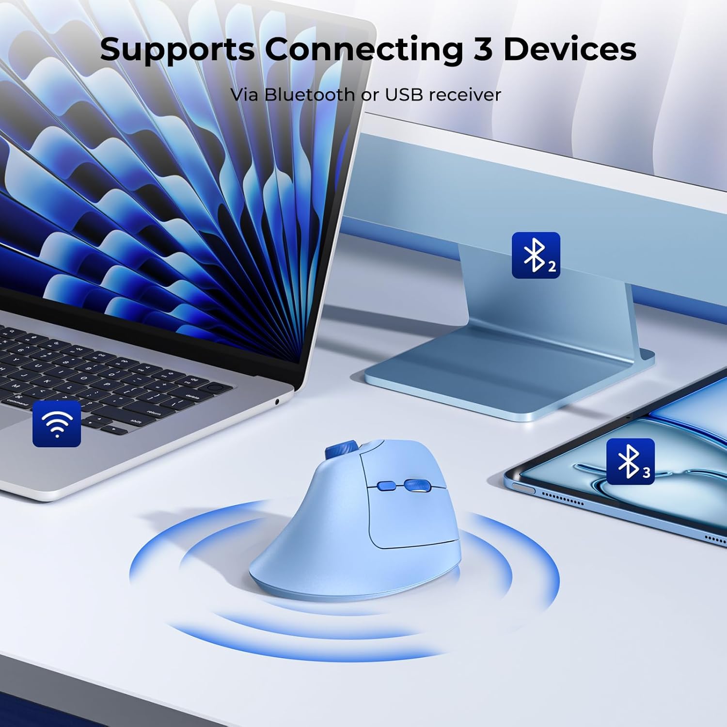 seenda Ergonomic Mouse Rechargeable, USB+Dual Bluetooth, MOU-302 Vertical Wireless Mouse with Volume Knob, Quiet Clicks, Multi-Device Cordless Mice Compatible for Windows, PC, Laptop, Mac OS, Blue