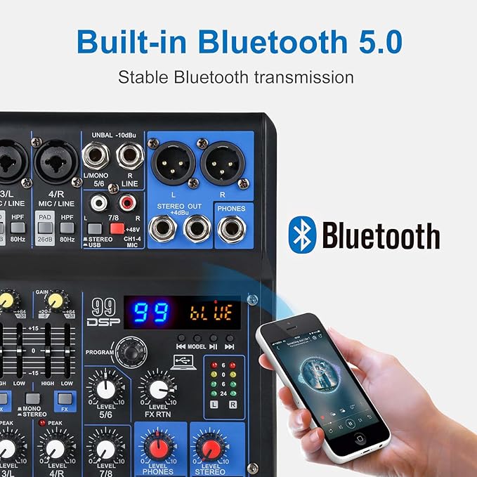 Dj Mixers 8 Channel Audio Mixer Sound Board with Bluetooth, Usb Audio Interface with Sound Card Recording and 48V Phantom Power Sounds Mixer Board with 99 DSP FX Reverb Delay Effect for Streaming