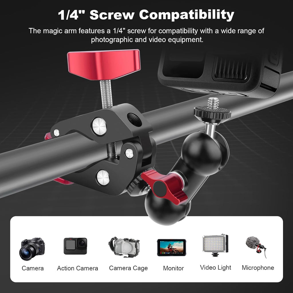 Super Clamp with Dual Ballhead Magic Arm, Aluminum Camera Clamp Mount Kit for DSLR Action Camera/Phone/Monitor/Video Light/Microphone, Camera Mount for Tripod/Desk/Tube (SY006)