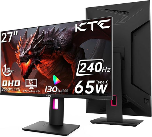 KTC 27'' 240Hz QHD 1440P Gaming Monitor 144Hz 1ms 65W Type C USB DisplayPort HDMI HDR400 Tilt/Height/Pivot/Swivel Fast HVA AdaptiveSync VESA