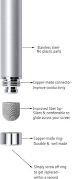 Stylus Pens, CCIVV 4 Pcs 5.6 Inches Mesh Tip Stylus for Touch Screens, iPad, iPhone, Kindle Fire, 4 Extra Replaceable Hybrid Fiber Tips (White, Black, Silver, Blue)