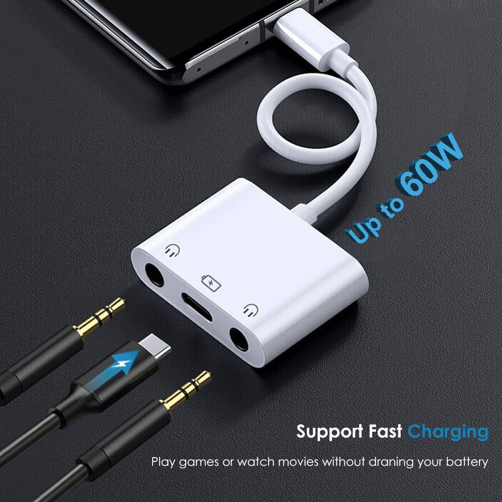 USB-C to Dual 3.5mm Headphone Jack Adapter USB C to 3.5mm Audio Adapter 3 in 1 Aux to USB C Headphone Splitter and Fast Charge Adapter for iPhone 16 15/iPad Pro/Galaxy 24 23 22/Pixel 9 8 7 and more