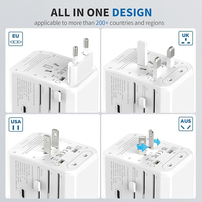 EPICKA Universal Travel Adapter, International Power Adapter with 2 USB-A & 3 USB-C Ports Wall Charger - Worldwide Travel Essentials, European Travel Plug Adapter for UK/US/AU (TA-105C, White)