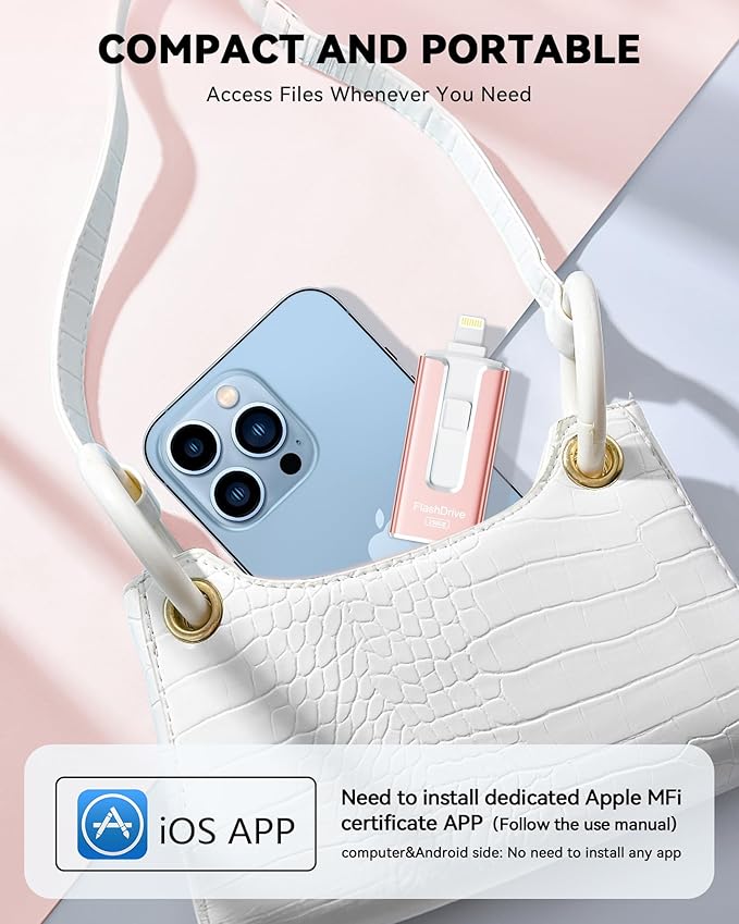 MFi Certified 256GB Flash Drive for iPhone iPad, Photo Stick for External Memory Storage, Easily Back Up and Save Photos, USB Memory Stick Thumb Drive for iPhone/iPad/Android/PC (Light Pink, 256GB)