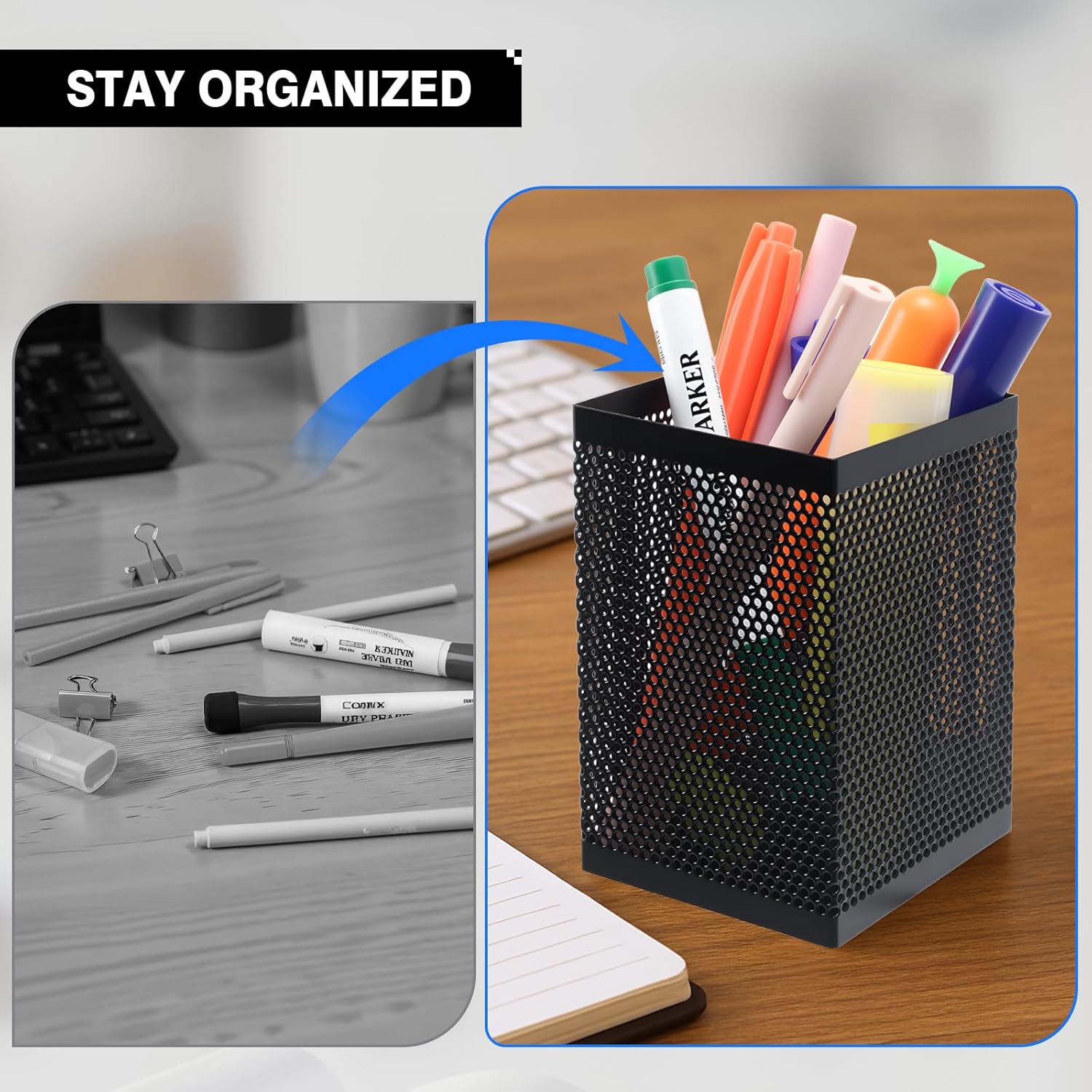 Comix Mesh Pen Holder Desk, Wire Pencil Holder with Foam Pad and Non-Slip Bottom Office Supplies Desk Organizer for Home Office School, 1 Pack
