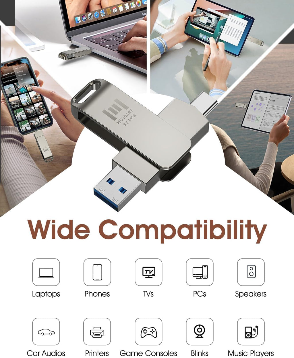 MOSDART 64GB USB3.1 Fast Speed C and A Dual Flash Drive, exFAT Memory Stick with Keychain Loop, for iPhone 15 and 16, Android Phone, iPad, MacBook, Silver