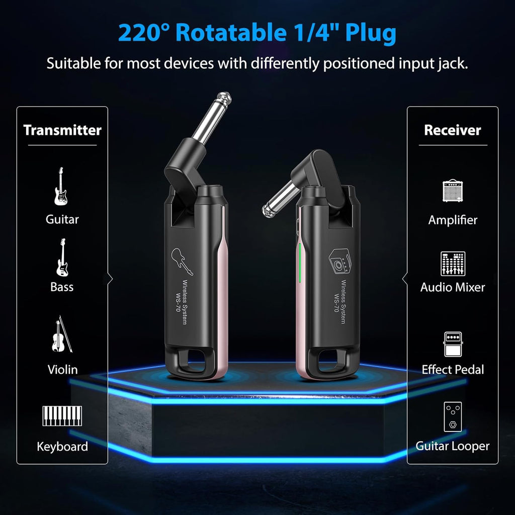 LEKATO Wireless Guitar System UHF Wireless Guitar Transmitter Receiver Rechargeable Audio Bass Cable with 70 Channels for Bass Electric Instruments(Pink)