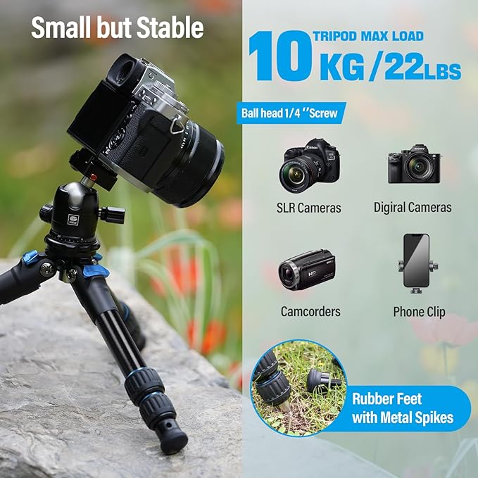 SIRUI AM203 Mini Travel Tripod with 360° B00K Ball Head, Lightweight Aluminum Tripod for Travel and Tabletop Use, Max Load 20lbs/10KG, Folded Height 11.4”, Max Height 16.7”