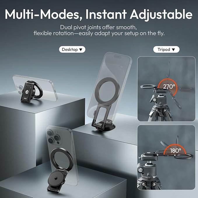 ULANZI MA50 Magnetic Phone Holder for Magsafe, Aluminium Adjustable Dual Magnetic Phone Tripod Stand with 1/4" Screw Hole for Selfie Sticks, Magic Arm, Compatible with iphone12 13 14 15 16 Series