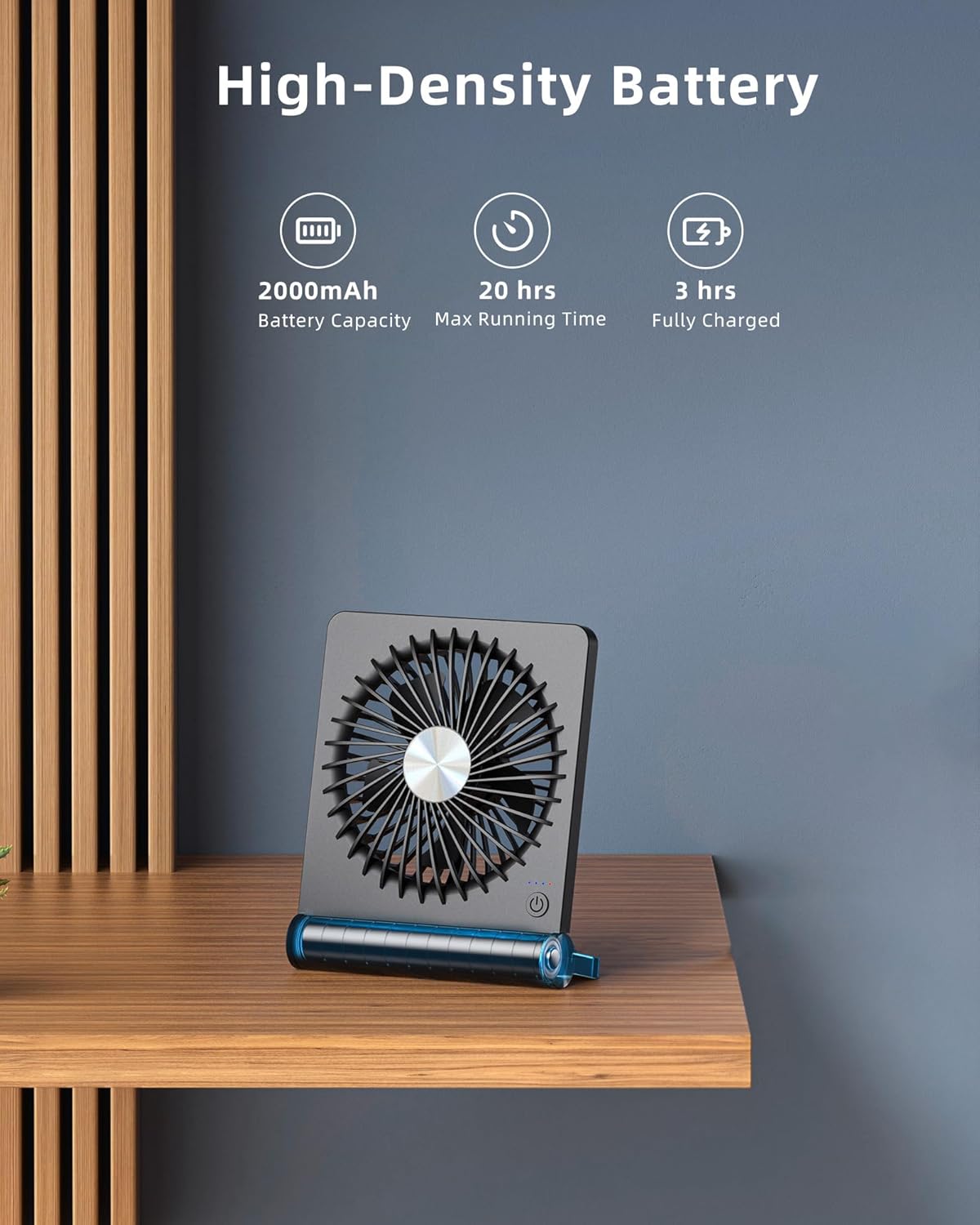 Koonie Portable Desk Fan, 3.5-20hrs Battery Operated Small USB Fan with Ultra Quiet 220° Tilt Folding, Rechargeable Personal Fan with 3 Speeds Strong Wind for Home Office Desktop, Black