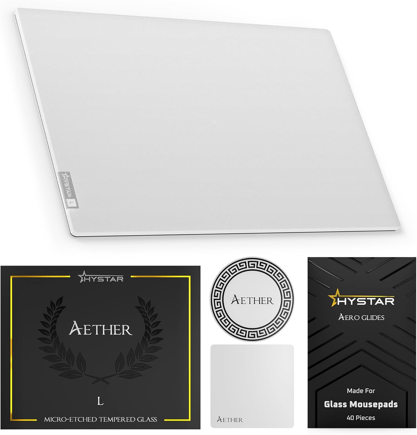 Hystar Aether Glass Gaming Mousepad | Micro-Etched Tempered Glass | Quiet, Ultra-Fast Glide | Full Anti-Slip Silicone Backing (White, Large)