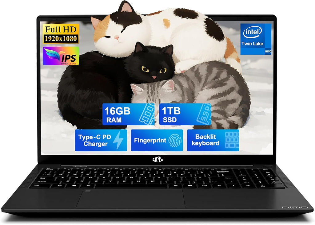 NIMO 15.6" FHD IPS Laptop, Intel N150 (Up to 3.6GHz, Beat i3-10110U), 16GB RAM 1TB SSD, Backlit Keyboard Fingerprint, Wi-Fi 6 BT5.2 Type-C 65W Computer for Students and Home Office