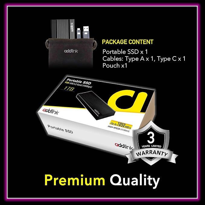 Addlink External Portable SSD 1TB P20 USB 3.2 Gen2 up to 1050MB/s, 3D TLC USB C Solid State Drive, for PC Laptop Mac Windows Linux Android PS4 PS5 Xbox One Smart TV (ad1TBP20B32) Made in Taiwan