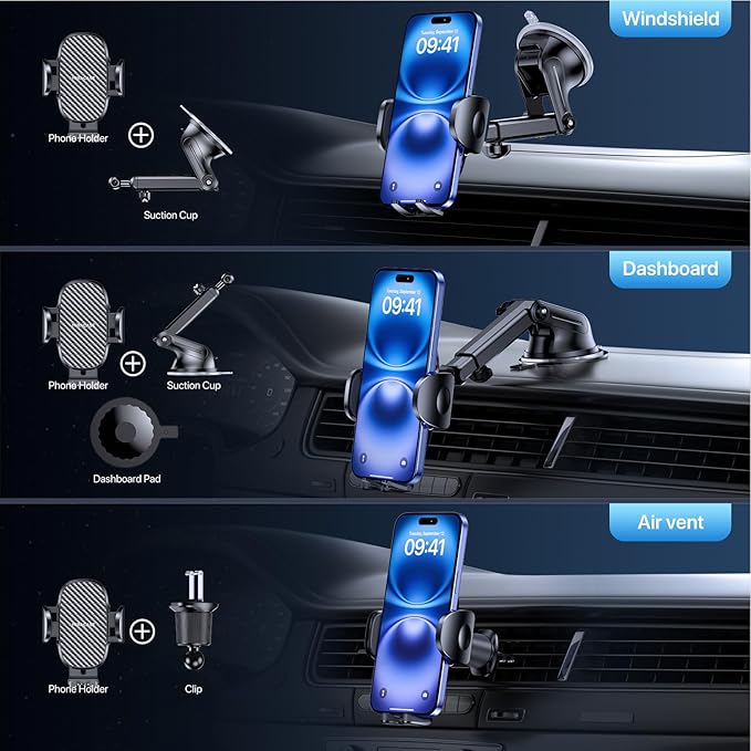 Miracase Phone Holders for Your Car, [Thick Case & Heavy Phone Friendly] Universal Cell Phone Car Mount, 3-in-1 Phone Mount for Car Dashboard Windshield Air Vent Fit for All Smartphones, Dark Black