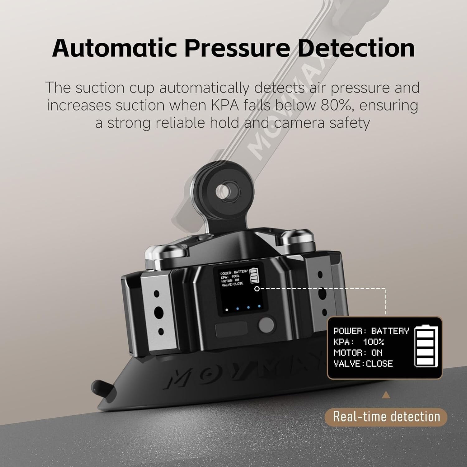 MOVMAX Blade Arm Solar Powered Electronic Suction Kit, Shock Absorber Arm Car Mount for DJI Pocket 3, GoPro Hero 13, 360 Action Cameras with Auto Pressure Detection & LCD Display, Pocket 3 Accessories