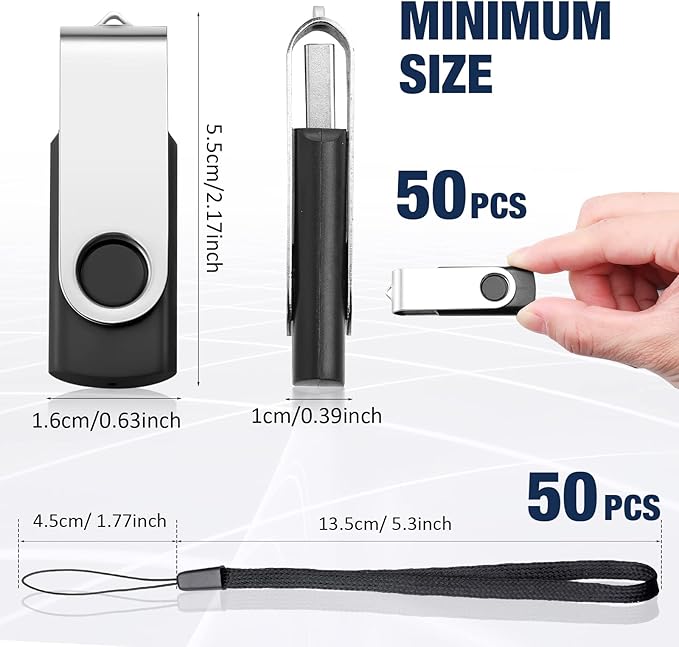 Aoriher 50 Pack USB 2.0 Flash Drives Bulk, Portable USB Thumb Drives with Lanyards, Swivel Flash Drives Thumb Drives for Office School Data Storage (128MB)
