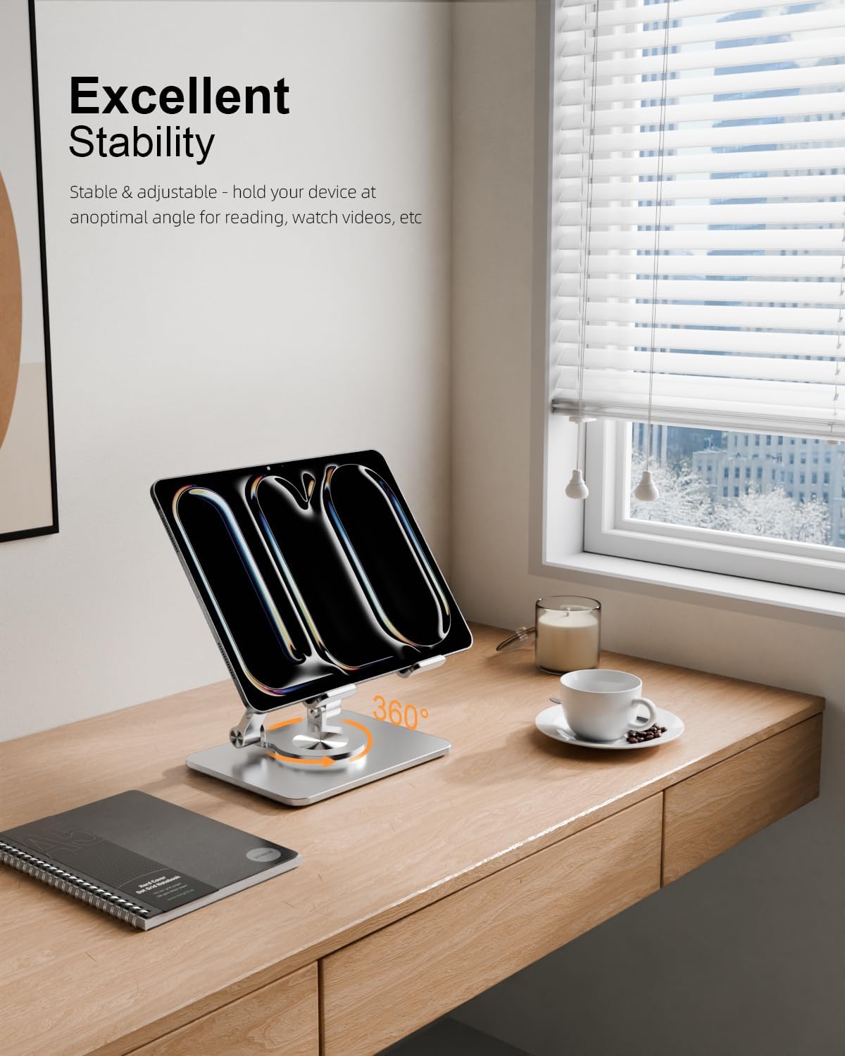 Tablet Stand Holder with Thickened 360°Rotating Base Dual Rod Adjustable Aluminum Stand for All 5.8-12.9” iPad Samsung Phone Tablet Kindle E-Reader and More, Silver