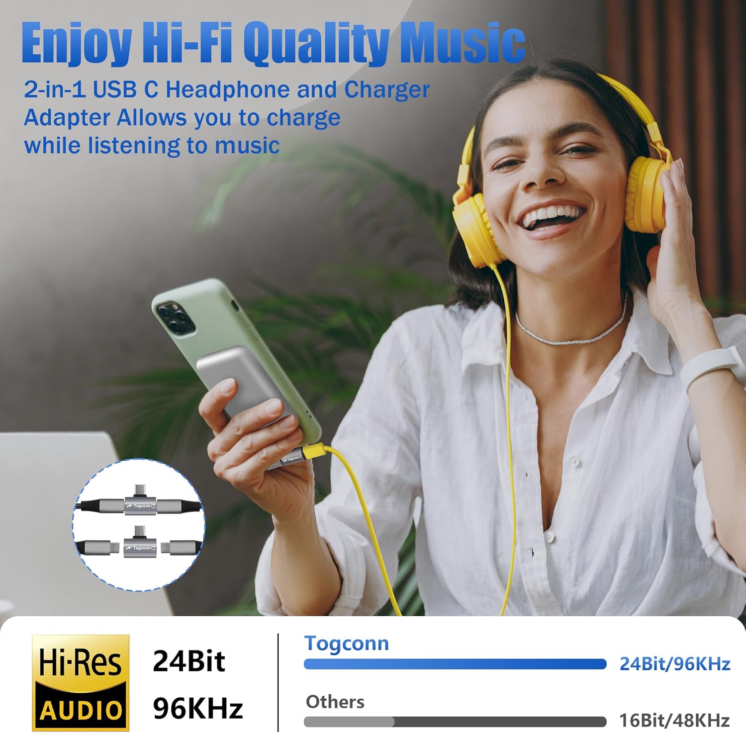 Dual USB C Headphone and Charger Adapter Splitter, 2-in-1 Type C to USB-C Audio Adapter with PD 60W Fast Charge, Type-C Splitter Dongle Converter for iPhone 16 Series, Galaxy S24/23, iPad Pro, Pixel 8