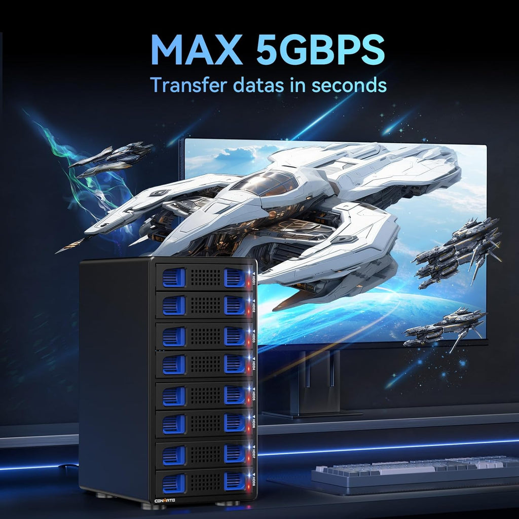 8 Bay Hard Drive Enclosure with Cooling Fan for 2.5/3.5" SATA HDD/SSD with USB A/C 3.0 Cable, 3.5 Hard Drive Enclosure Supports 160TB Capacity, Tool-Free HDD Enclosure, DAS(NO RAID/NAS)