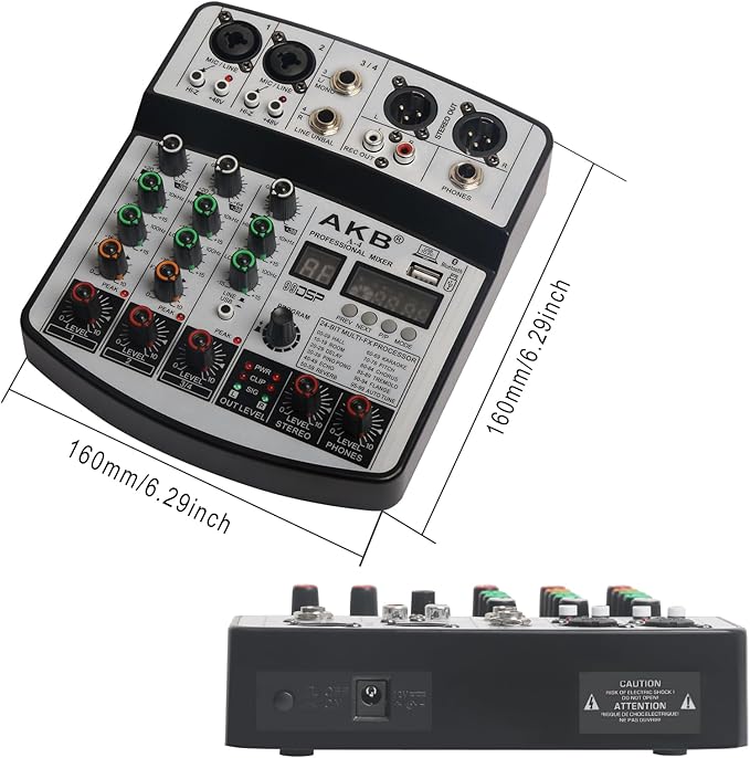 Dj Mixers 4 Channel Audio Mixer Sound Board with Bluetooth, Usb Audio Interface with 48V Phantom Power Sounds Mixer Board with 99 DSP FX Reverb Delay Effect