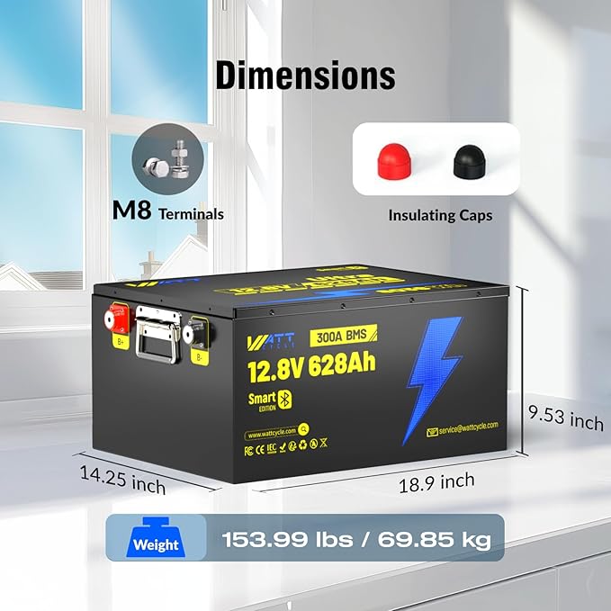 12V 628Ah LiFePO4 Lithium Battery, Built-in Bluetooth 5.0 & 300A BMS, Full Metal 8038Wh Energy, 15000+ Deep Cycles Batterys, Perfect for Home Energy, RV, Marine, Solar, Trolling Motor