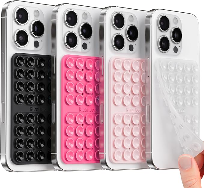 Klearlook 4Pack Silicone Suction Cup Phone Case Mount Double Sided, Sticky Phone Grip for Cell Phone, Hands-Free Phone Accessories for Selfies and Videos, Clear & Light Pink & Hot Pink & Black