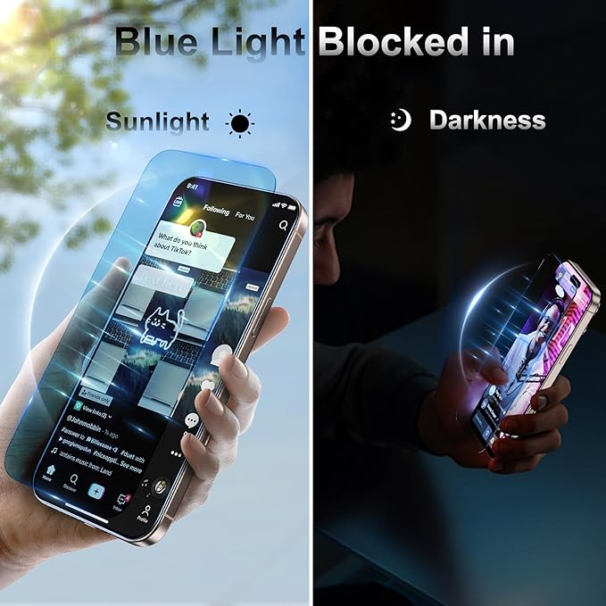 Fotbor [3+3 Pack for iPhone 15 Pro Max Screen Protector, Anti-Blue Light, [Eye Protection] 9H+ Tempered Glass with Camera Lens Protector Anti-Glare