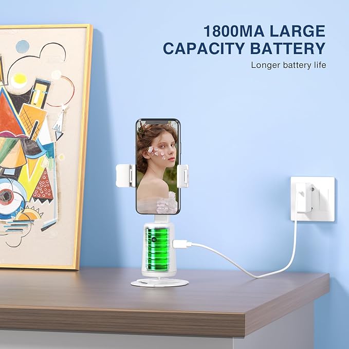 Auto Face Tracking Tripod 360° Rotating Cell Phone Photo and Video Kits Stand, No App, Camera Stand with Remote and Gesture Control, Rechargeable Smart Shooting Stand for Live Recording Tiktok (White)