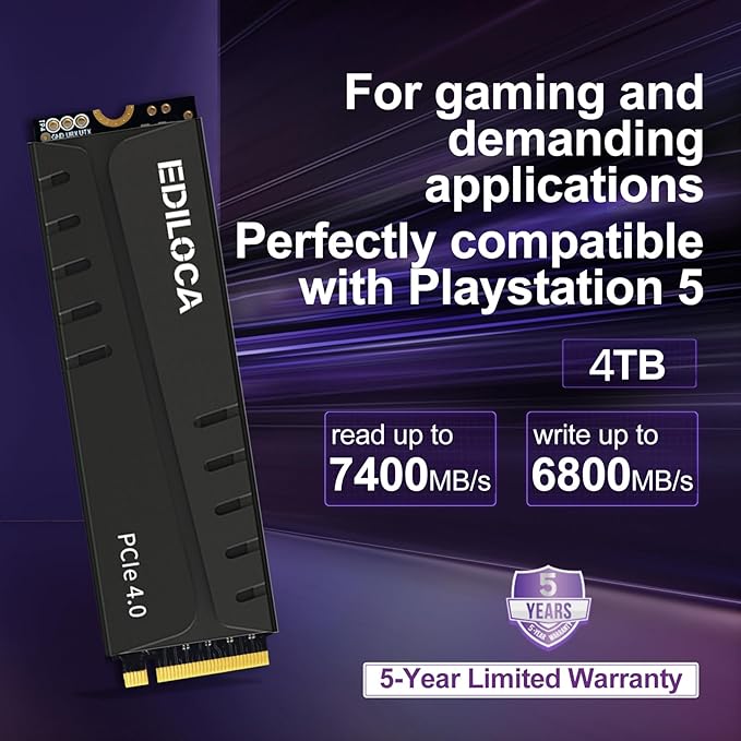 4TB PS5 SSD with Heatsink PCIe Gen4 NVMe M.2 Gaming SSD, 7400MB/s Read, 4GB DRAM Cache, 3D TLC | Internal Solid State Drive Compatible with PS5 & PC(EN855)