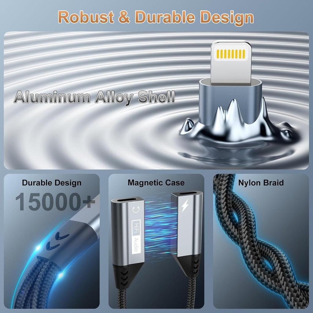 Magnetic Lightning to Dual Lightning AUX Adapter, [Apple MFi Certified] 2 in 1 iPhone Audio and Charger Splitter, Dongle Compatible with iPhone 14/13/12/11/XS/XR/7/8 and iPad,SupportsCharging & Audio