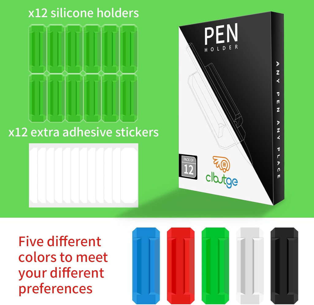 12 Pack Pen Holder for Desk, Silicone Pencil Holder with 12 Extra Adhesive Stickers, Adhesive Pen Holder & Marker Clip for Classroom Office Desk or Any Surface, Teacher Accessories Supplies (Green)