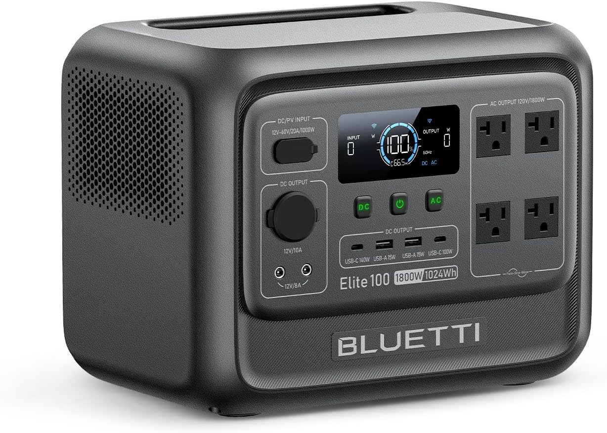 BLUETTI Elite 100 V2 Portable Power Station (2025 New), 1024Wh LiFePO4 Battery Backup w/ 4 1800W AC Outlets (3600W Surge), 35% Smaller, Solar Generator for Camping, Outages, and UPS Backup