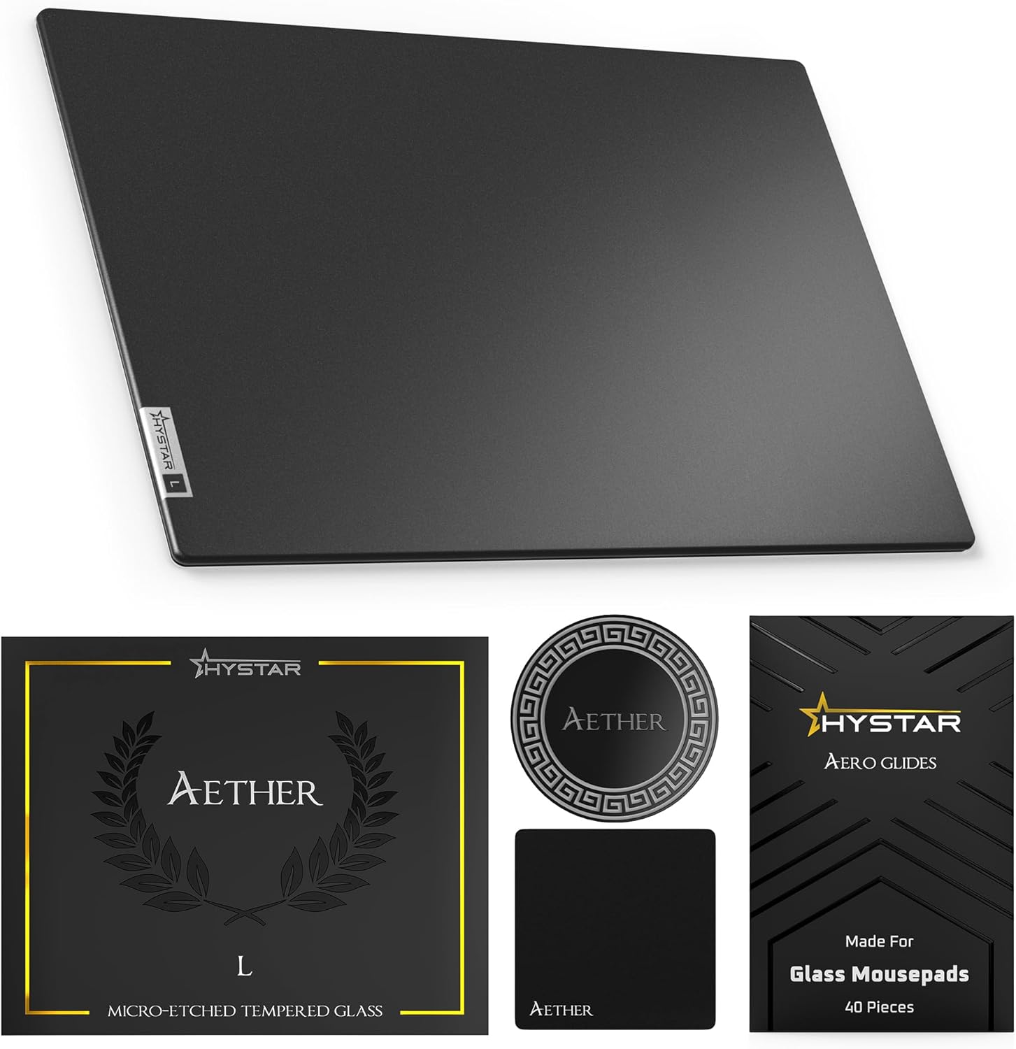 Hystar Aether Glass Gaming Mousepad | Micro-Etched Tempered Glass | Quiet, Ultra-Fast Glide | Full Anti-Slip Silicone Backing (Black, Large)