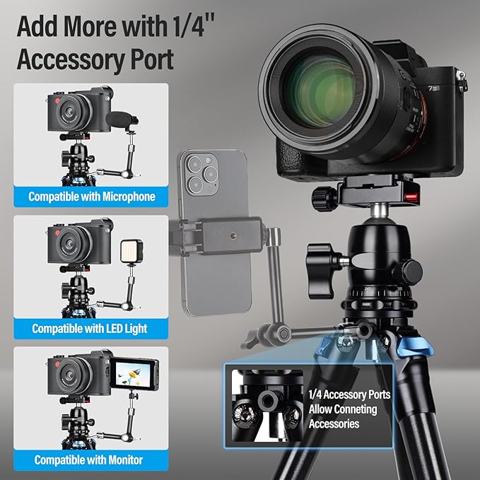 SIRUI AM203 Mini Travel Tripod with 360° B00K Ball Head, Lightweight Aluminum Tripod for Travel and Tabletop Use, Max Load 20lbs/10KG, Folded Height 11.4”, Max Height 16.7”