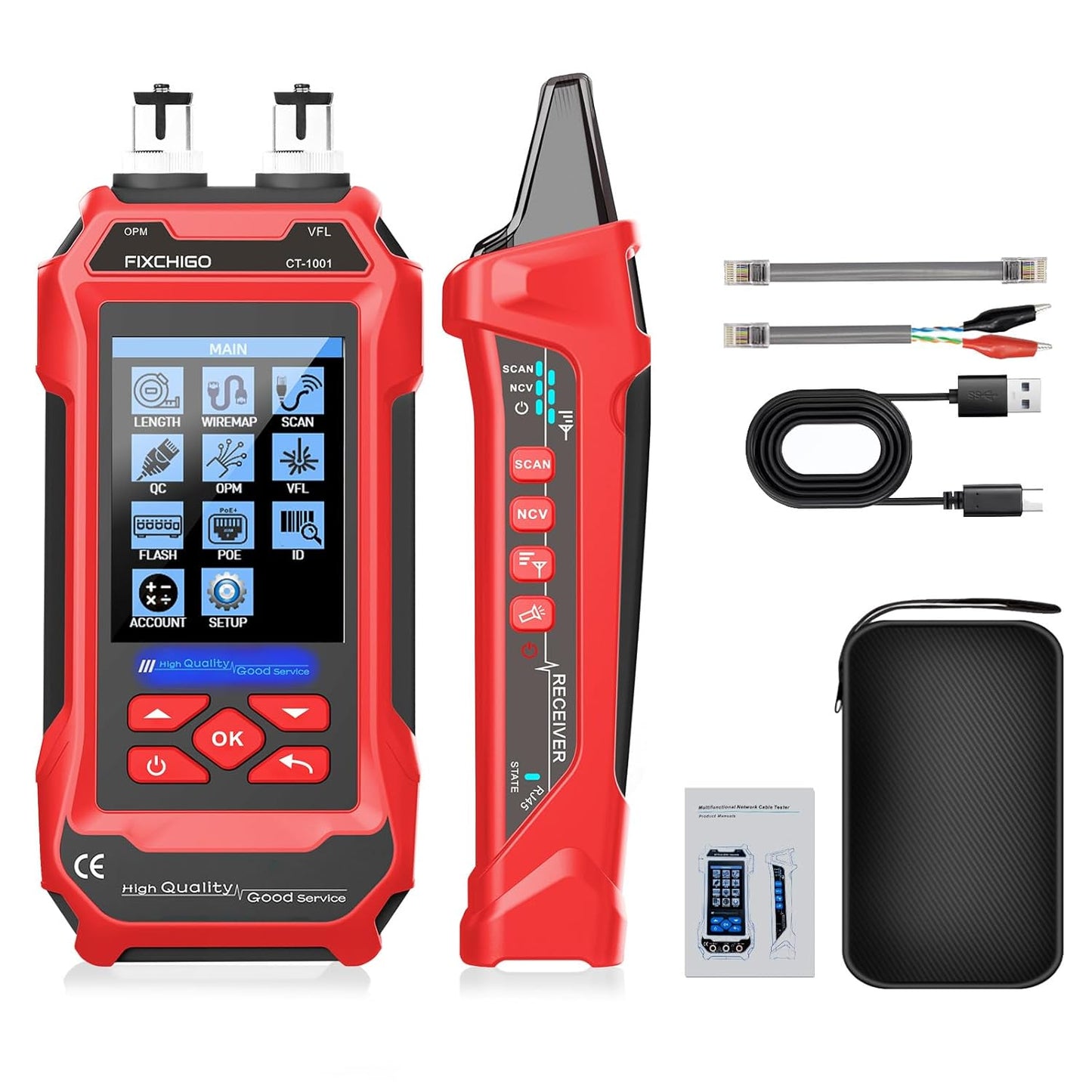 10 in 1 Network Cable Tester with 7 Wavelengths OPM 10Km/10mW VFL 600M Measurable Length 100 Records Tool Kit for CAT5 CAT6 Telephone Ethernet RJ11 RJ45 PoE Wire Tracer NCV, Red