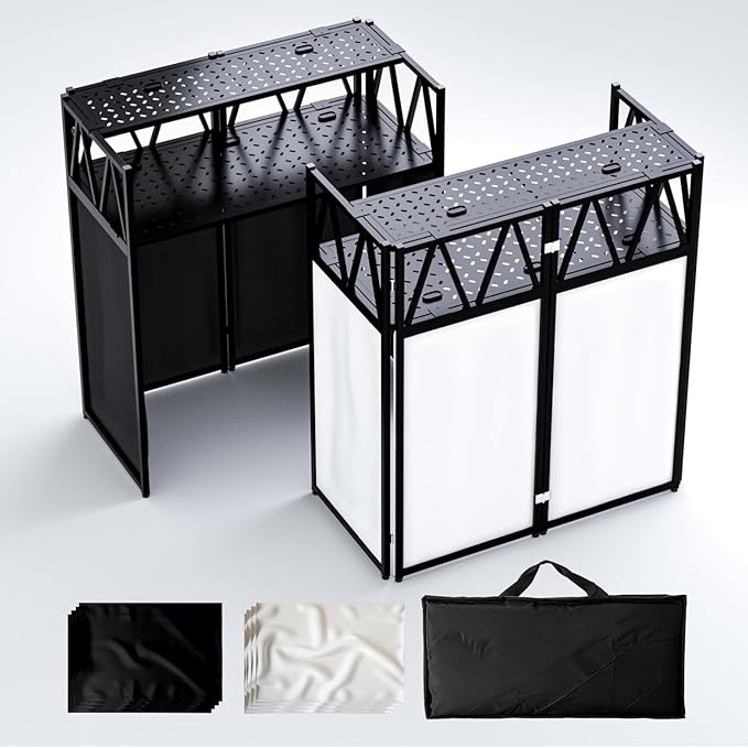 Portable DJ Booth T able,Foldable DJ Table Stand Portable with White & Black Scrim,Adjustable DJ Facade Booth Station Metal Frame D J Table with Cable Hole for Private Events, Clubs, Bars (50*25 XL)