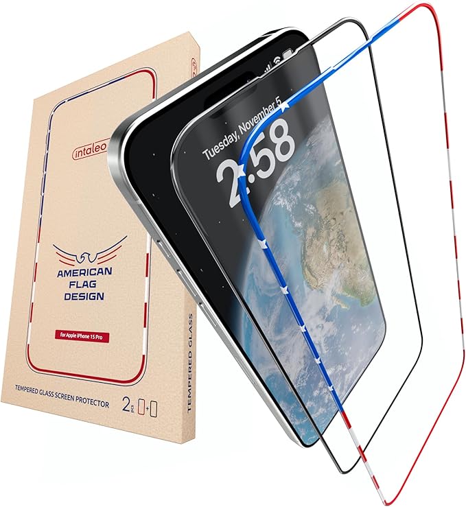 15 Pro Screen Protector for iPhone – (2-Pack) USA Flag & Black Frame Design - Tempered Glass Screen Protector for iPhone 15 Pro 9H Hardness Full Coverage - Oleophobic Coating with Easy Installation