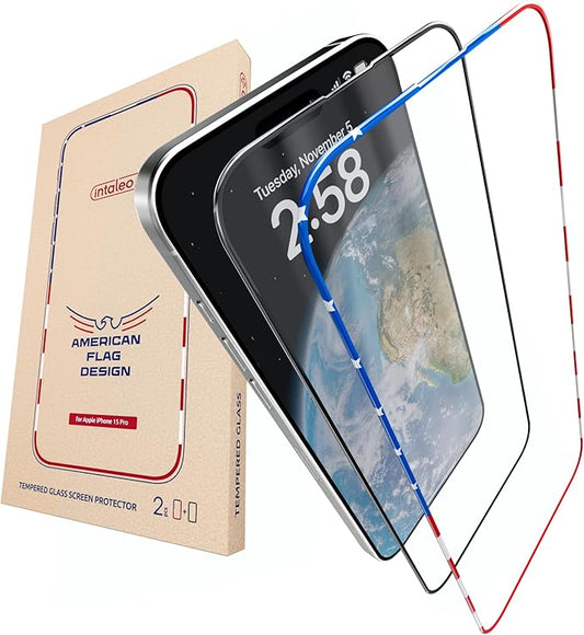 15 Pro Screen Protector for iPhone – (2-Pack) USA Flag & Black Frame Design - Tempered Glass Screen Protector for iPhone 15 Pro 9H Hardness Full Coverage - Oleophobic Coating with Easy Installation