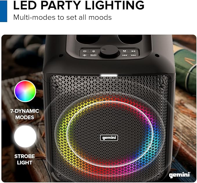 Gemini Box-Style Bluetooth Party Speaker with LED Lights, 6.5” Woofer, Wireless Mic, Deep Bass, TWS Stereo Pairing, USB/SD/FM/Aux, 10-Hour Battery Play Time, 100W Loud Sound for Home & Karaoke