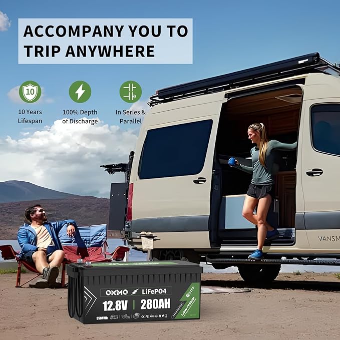 OKMO 12V 280Ah LiFePO4 Lithium Battery Built-in 150A BMS Low-Temp Protection for RV, Solar/Off-Grid Applications, Home Energy Storage, Marine