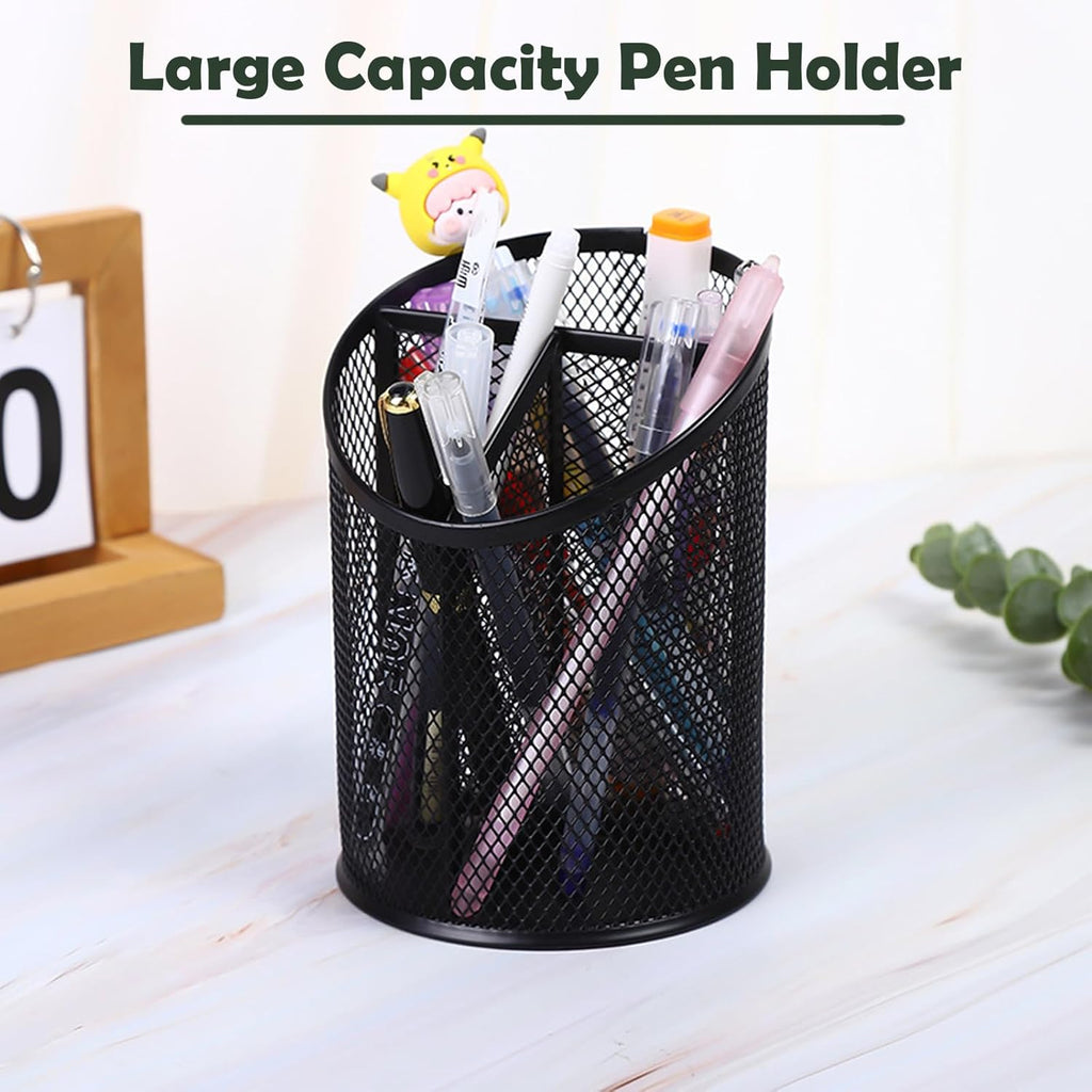 2 Pack Mesh Pencil Holder Pen Cup for Desk Round Black Pen Holder Desktop Pen Organizer 3 Compartments Pencil Organizer Desk Organizer for Office Home School