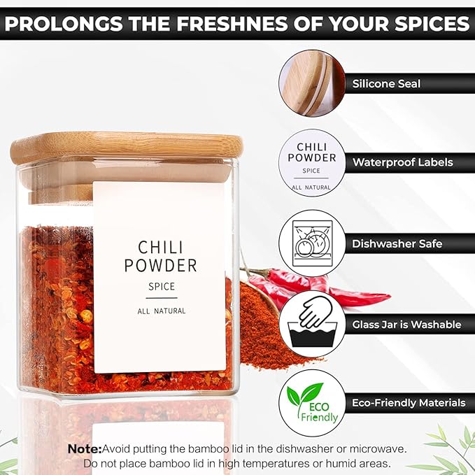 12 Pcs Square Glass Spice Jars with Natural Bamboo Lids - 5oz Airtight Herb Containers with 148 Waterproof Minimalist Spice Labels Preprinted - Empty Small Seasoning Jars for Kitchen Pantry