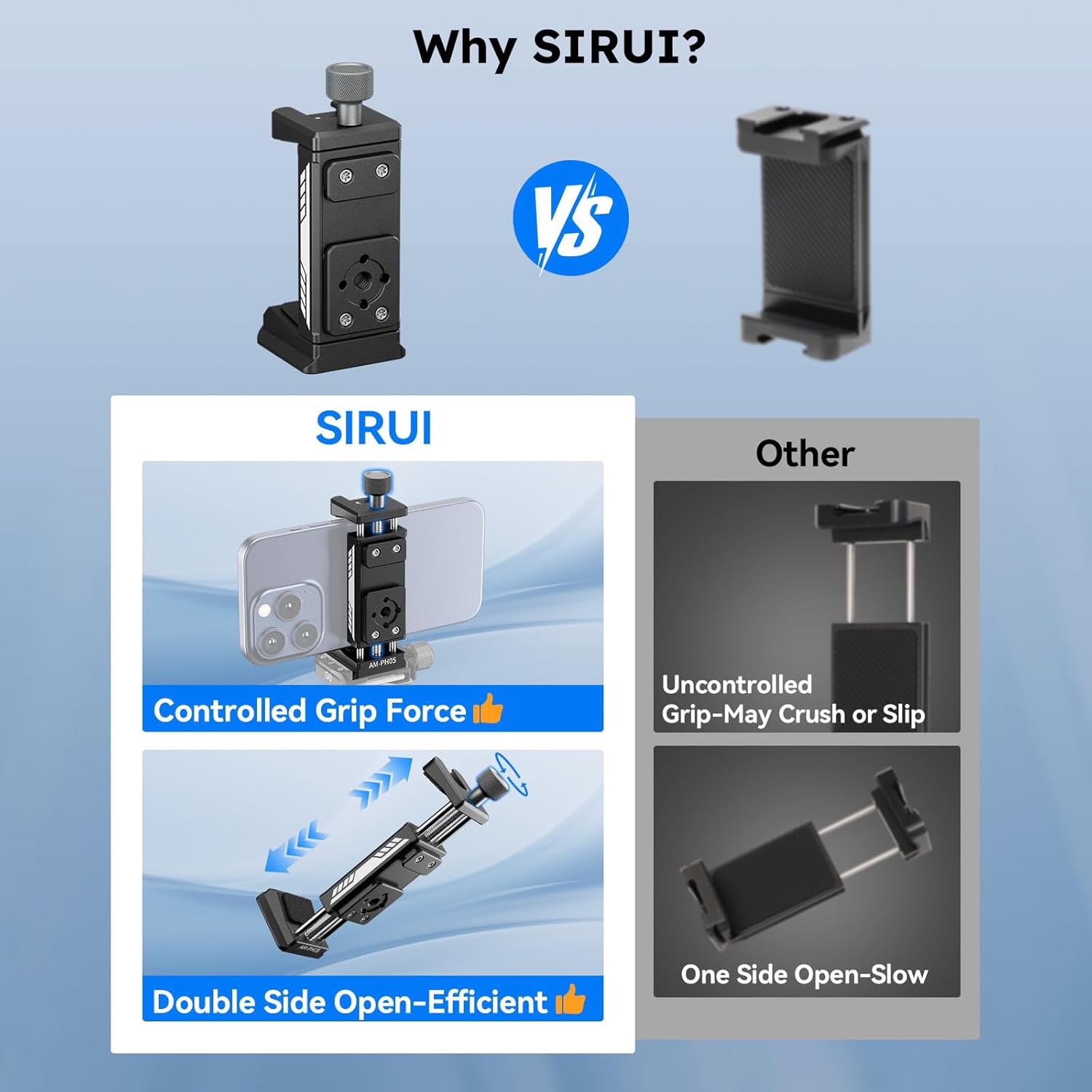 SIRUI Phone Mount for Tripod with Arca Base with 1/4"&3/8" Threaded Holes, Metal Tripod Cell Phone Clamp Holder with 2 Cold Shoes, Smartphone Adapter Compatible with iPhone, Galaxy, Pixel, AM-PH05