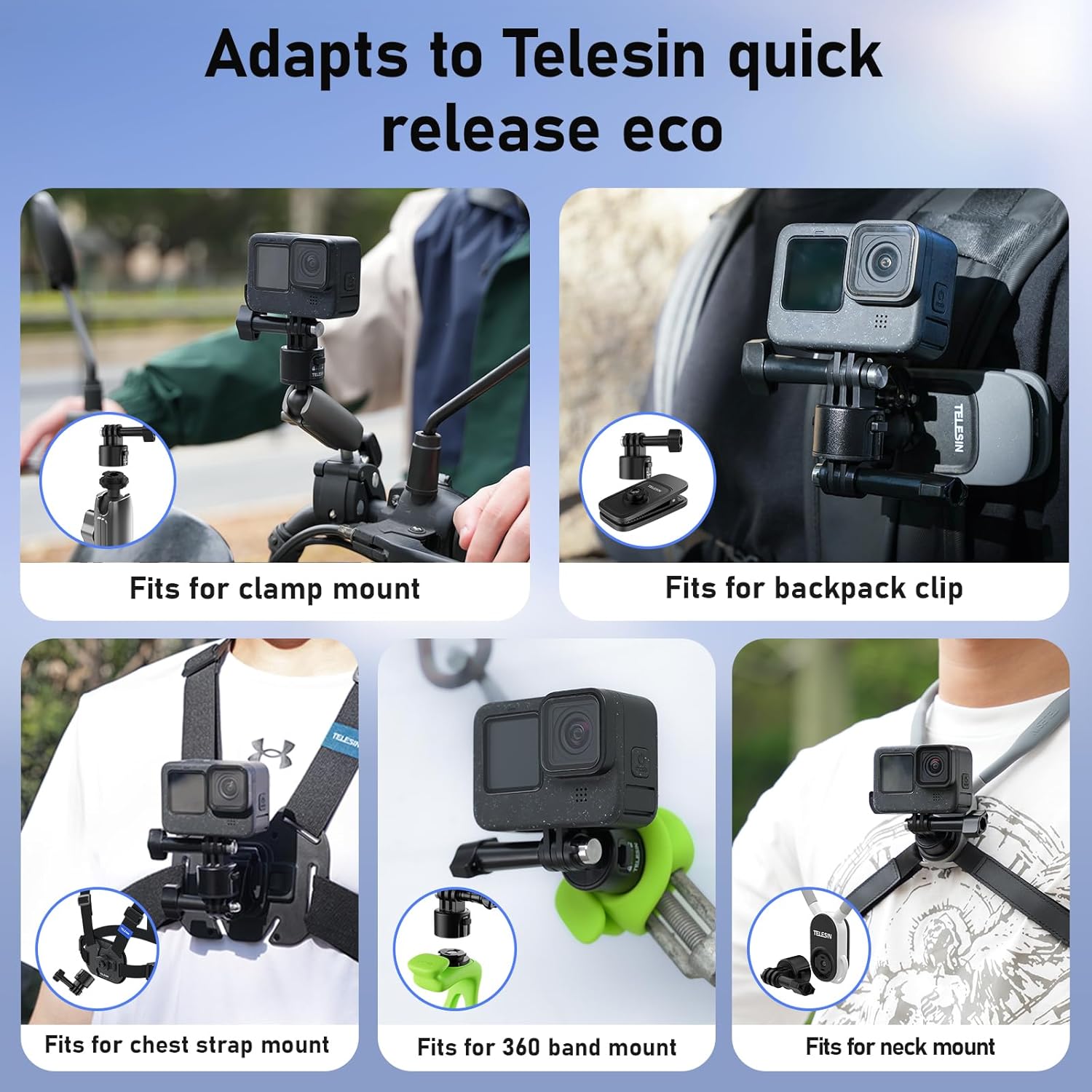 TELESIN° S2 Quick Release Clamp Bike Mount Motorcycle Handlebar Holder, Roll Bar Tube Clip Mounting Accessories for GoPro13 12 11 10 9 8 7 Go Pro Max Insta360 X3 X4 X5 Ace Pro DJI Action 3 4 Pocket 3