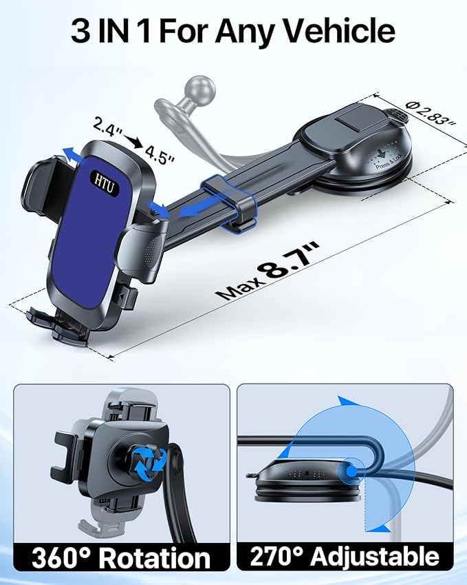 HTU Upgraded Strongest Suction Car Phone Holder Bendable Arm, Never Block View Rotatable Cellphone Mount for Dashboard Windshield Vent, Cradle Stand for iPhone 16 15 14 13 12 Pro Max (Lndigo Blue)